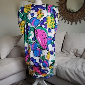 Vintage Flora Kung Silk Abstract Fruit Print Bright Dress
